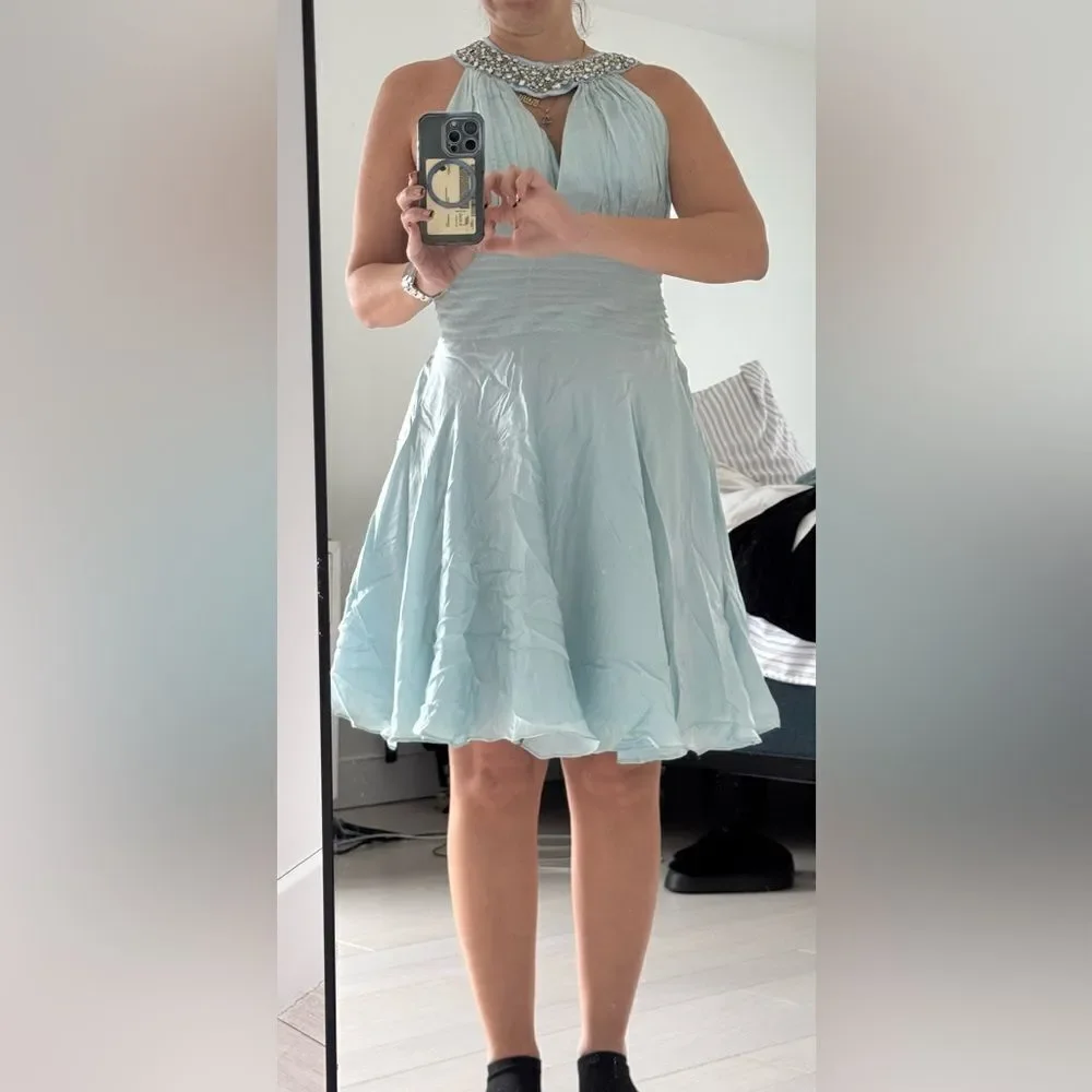 Silk & Beaded Halter Dress - Light Blue